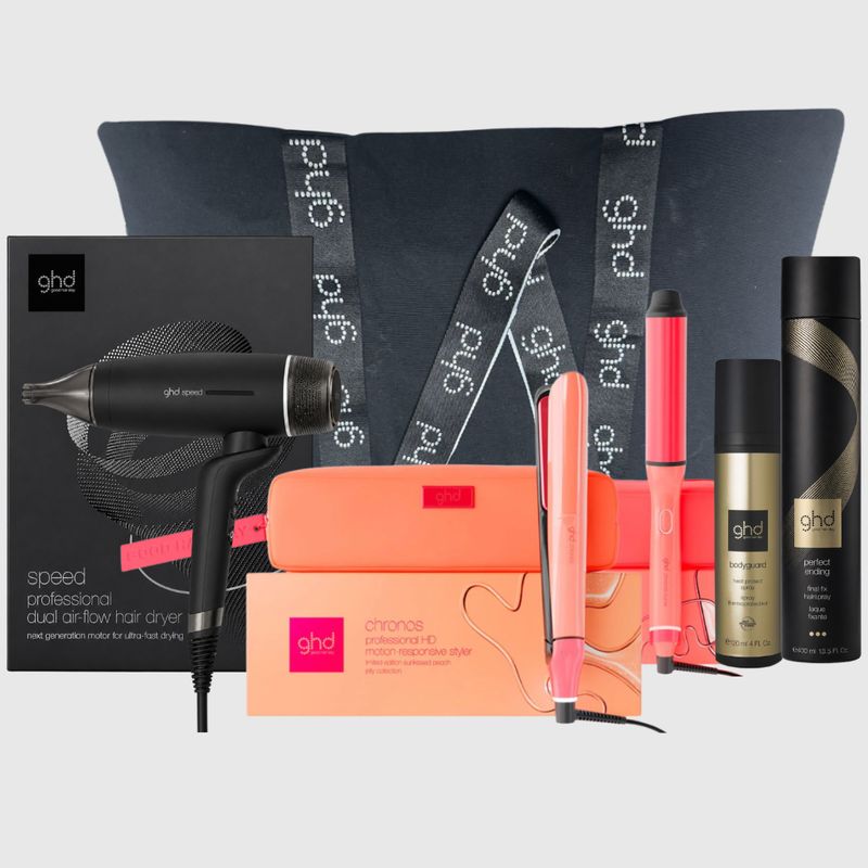 KIT GHD CON PHON GHD SPEED + PIASTRA GHD CHRONOS JELLY + FERRO GHD CHRONOS MAX WAND 38 MM JELLY + LACCA GHD 400 ML TERMOPROTETTORE GHD E BORSA GHD