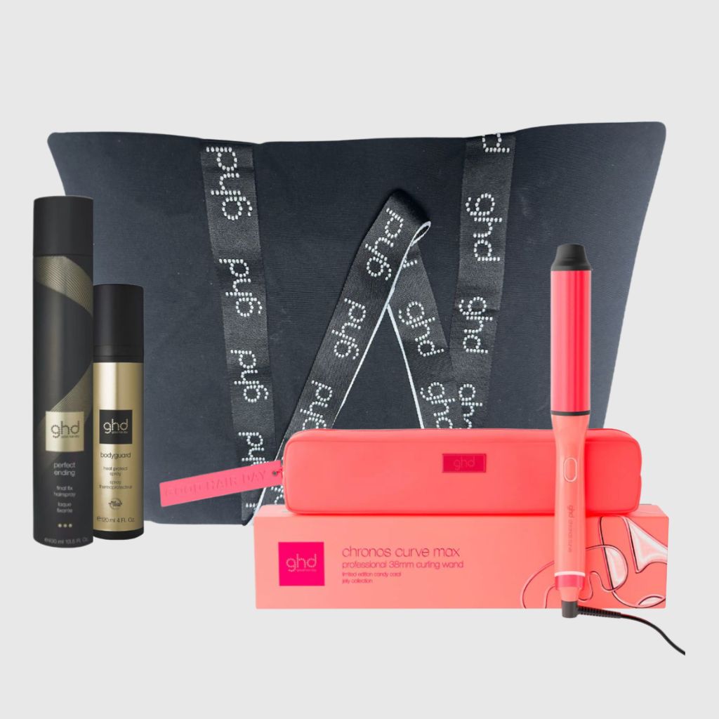 KIT GHD FERRO   CHRONOS CURVE MAX WAND 38 MM JELLY CON POCHETTE  IN OMAGGIO TERMOPROTETTORE GHD + LACCA GHD 400 ML + BORSA GHD