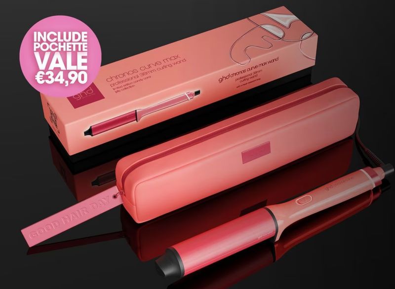 KIT GHD CON FERRO GHD CHRONOS CURVE MAX WAND 38 MM + FERRO GHD CHRONOS CURVE CONICAL 28-23 MM IN OMAGGIO BORSA GHD