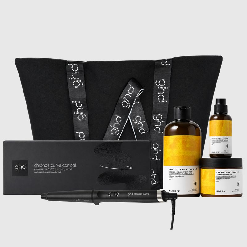 KIT MARE CON FERRO GHD CHRONOS CURVE CONICAL 28-23 MM + SHAMPOO SUN ELGON 500 ML MASK SUN 300 ML E WAVE LOCK SUN 150 ML IN REGALO BORSA GHD