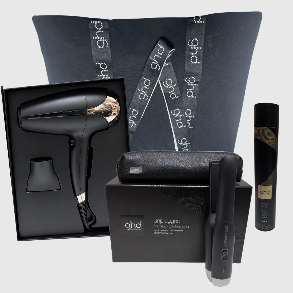KIT GHD PIASTRA GHD UNPLUGGED SENZA FILI CON POCHETTE + PHON GHD HELIOS + LACCA GHD PERFECT ENDING+BORSA GHD
