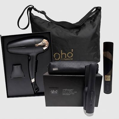KIT GHD PIASTRA GHD UNPLUGGED SENZA FILI CON POCHETTE + PHON GHD HELIOS + LACCA GHD PERFECT ENDING+BORSA GHD