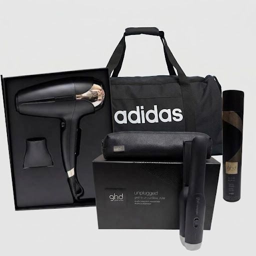 KIT GHD PIASTRA GHD UNPLUGGED SENZA FILI CON POCHETTE + PHON GHD HELIOS + LACCA GHD PERFECT ENDING+BORSA ADIDAS KIT GHD PIASTRA GHD UNPLUGGED SENZA FILI CON POCHETTE + PHON GHD HELIOS + LACCA GHD PERFECT ENDING+BORSA ADIDAS