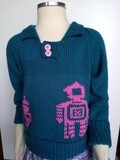 Child Raglan Polo Style Jumper With Robot Picture Knitting.  Mid Gauge Knitting  Machine Pattern. DK. Age: 1 -7 years.