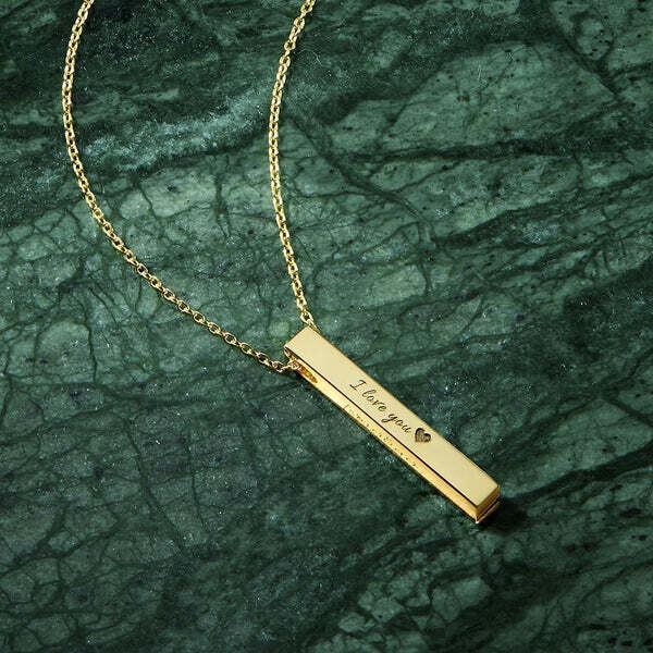 Colar Gravável 3D com Barra, Colar com Nome Vertical de 4 Lados Banhado a Ouro 14K - Dourado