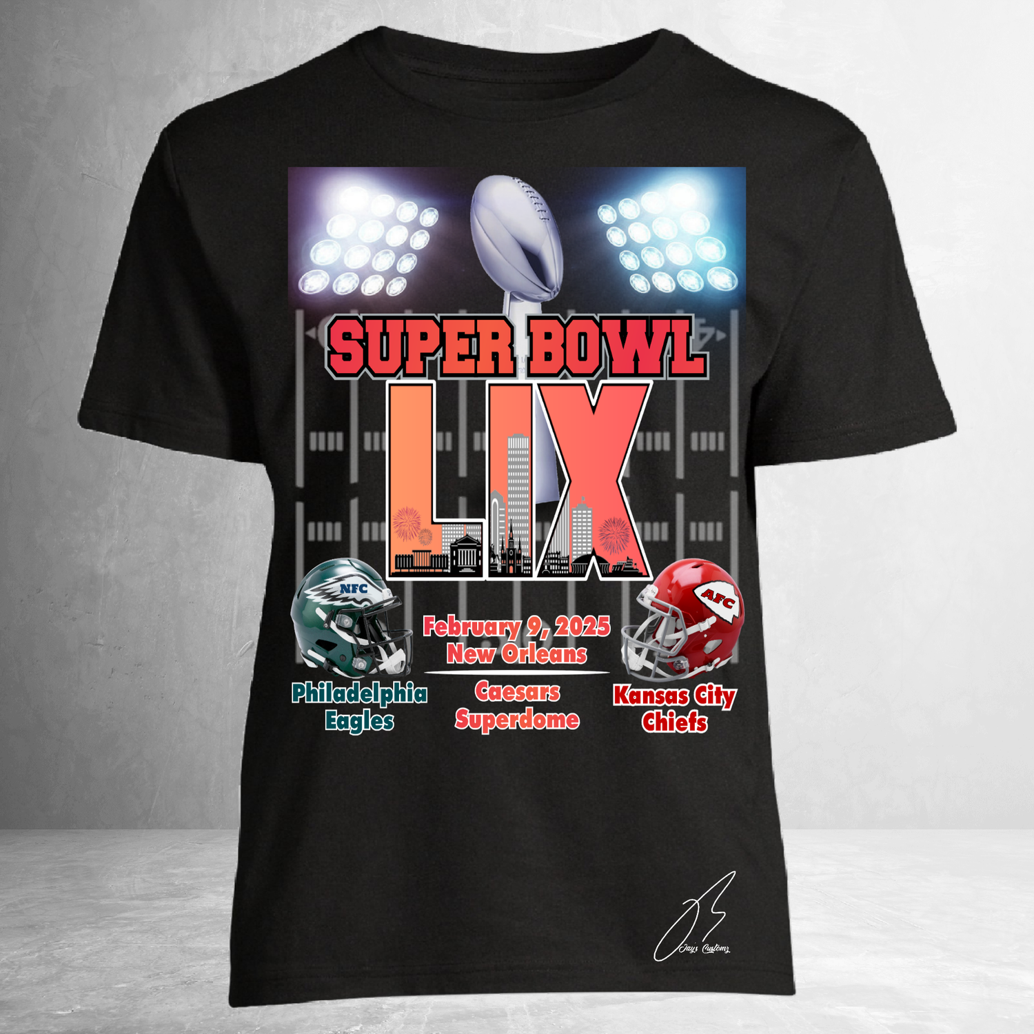 Super Bowl XIL Custom T-Shirts, Football Party Graphic Tee, Kansas City vs. Philidelphia