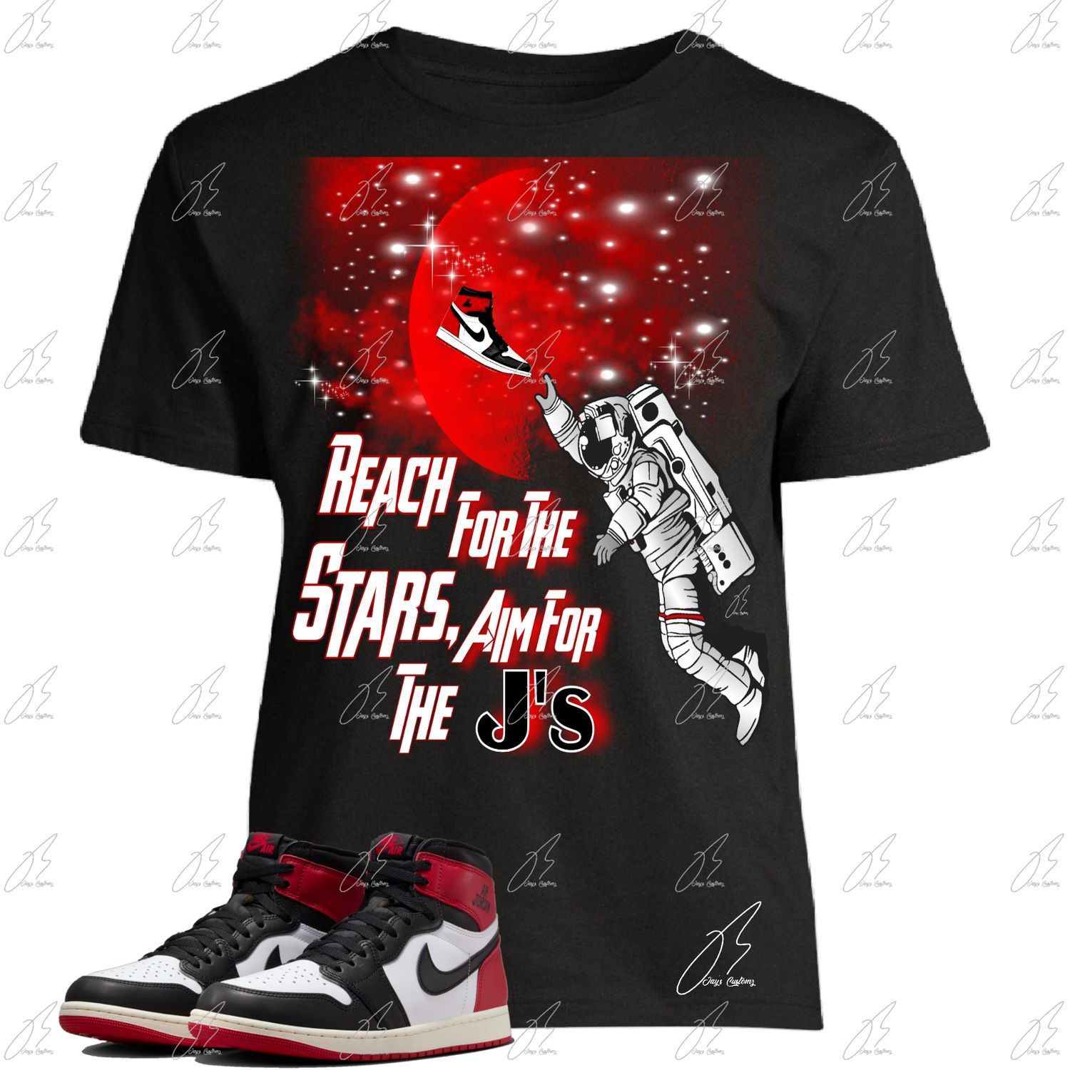 Jordan 1 Black Toe Reimagined Matching T-Shirt, Reach For The J&#39;s Sneaker Graphic Tee