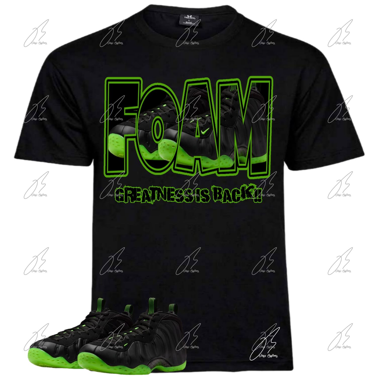 Air Foamposite One Black Volt/Green Matching T-Shirt, Foam Sneaker Graphic Tee