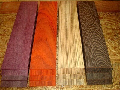 Multipak 16 KD Sanded Purpleheart, Padauk, Zebrawood, Wenge Thins 12&quot; X 3&quot; X 1/8&quot;