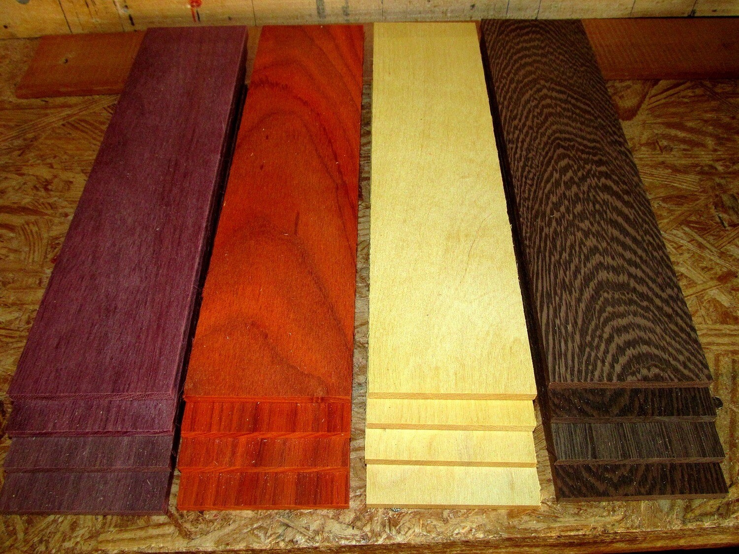 Multipak 16 KD Sanded Purpleheart, Padauk, Yellowheart, Wenge Thins 12&quot; X 3&quot; X 1/8&quot;