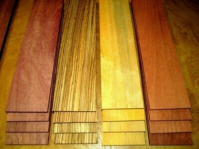 16 PIECES THIN PURPLEHEART, ZEBRAWOOD, LEMONABALLI, &amp; SAPELE 12&quot; X 3&quot; X 1/8&quot;
