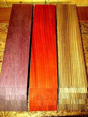 15 PIECES KD SANDED THIN PURPLEHEART, PADAUK, ZEBRAWOOD 12&quot; X 3&quot; X 1/4&quot;