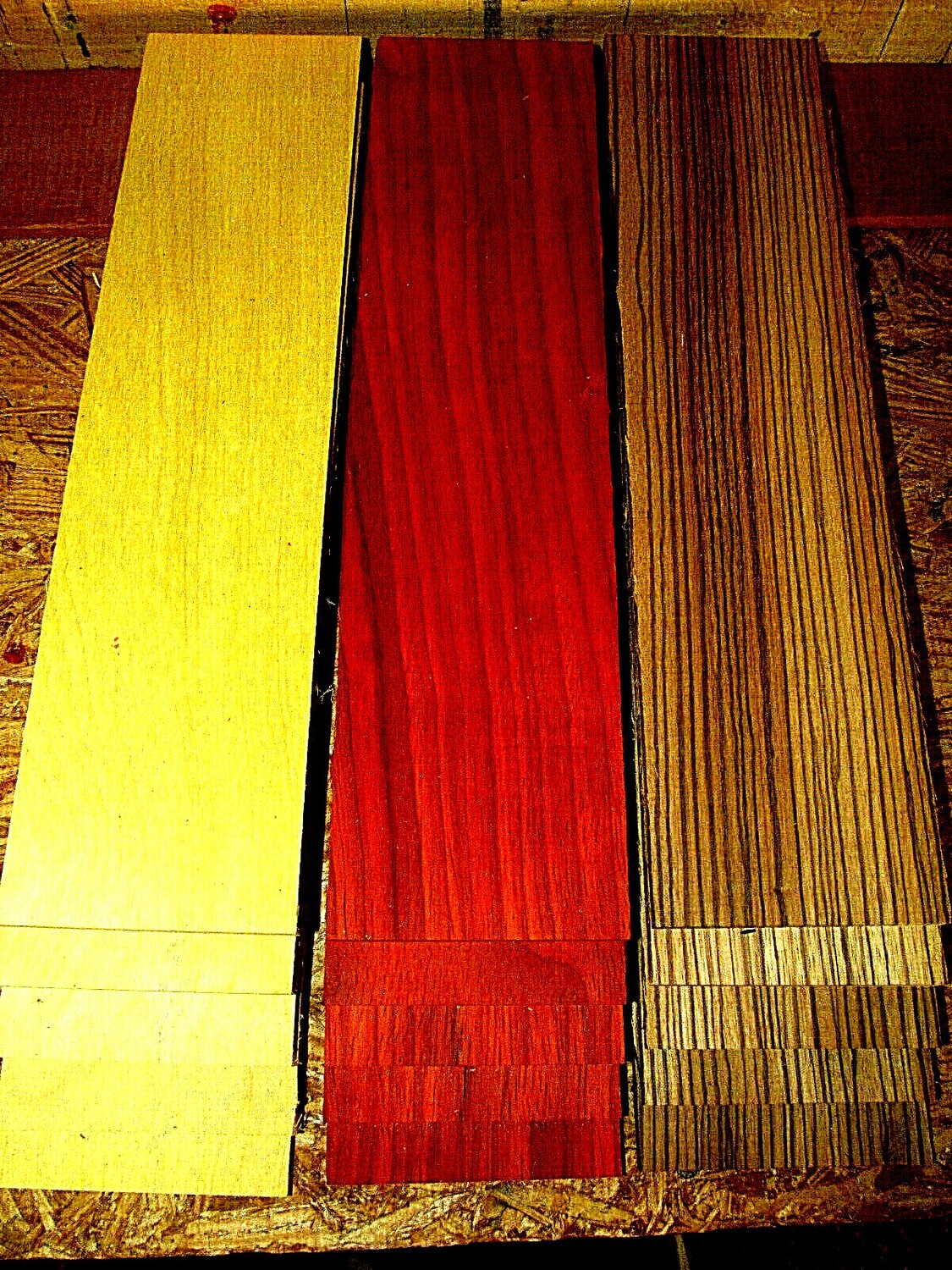 15 PIECES KD SANDED THIN YELLOWHEART, PADAUK, ZEBRAWOOD 12&quot; X 3&quot; X 1/4&quot;