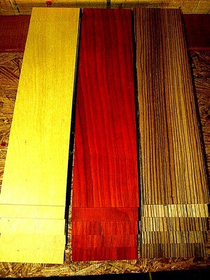 15 PIECES KD SANDED THIN YELLOWHEART, PADAUK, ZEBRAWOOD 12&quot; X 3&quot; X 1/4&quot;