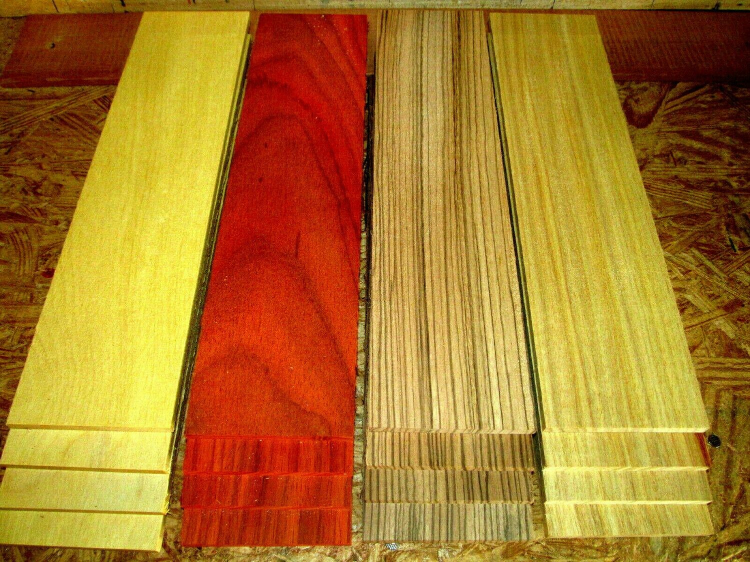 16 PIECES KD SANDED THIN YELLOWHEART, PADAUK, ZEBRAWOOD, CANARYWOOD 12&quot; X 3&quot; X 1/8&quot;