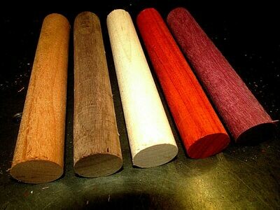 (5) COLORFUL 6&quot; ROUND PEN BLANKS/ DOWELS WALNUT, CHERRY, MAPLE, PURPLEHEART, PADAUK
