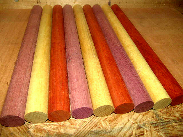 12 Pieces Exotic Purpleheart, Padauk &amp; Hard Maple Round Dowels 12&quot; X 15/16&quot;