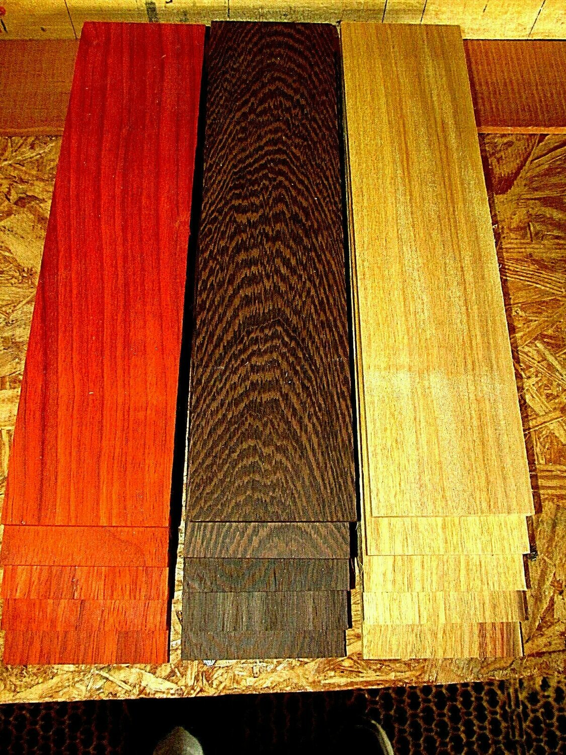 15 PIECES KILN DRIED SANDED THIN CANARYWOOD, WENGE, PADAUK 12&quot; X 3&quot; X 1/4&quot;