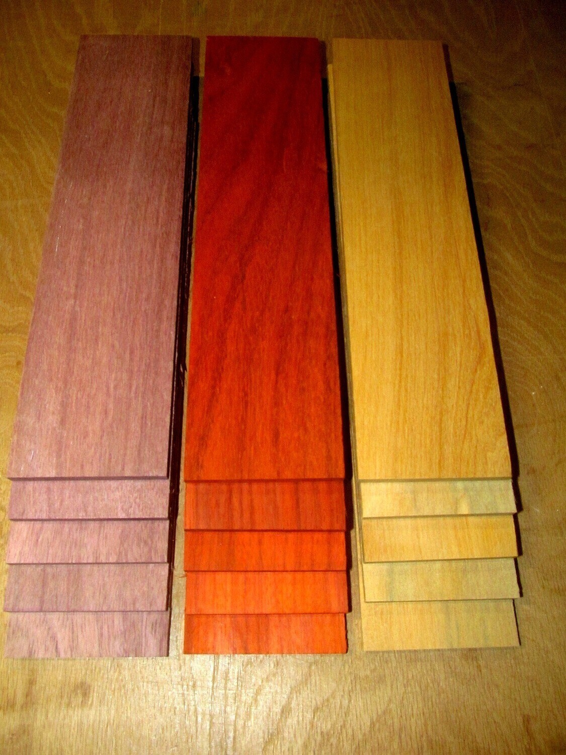 15 Kiln Dried Sanded Purpleheart, Padauk,  Osage Orange Thins 12&quot; X 3&quot; X 1/8&quot;