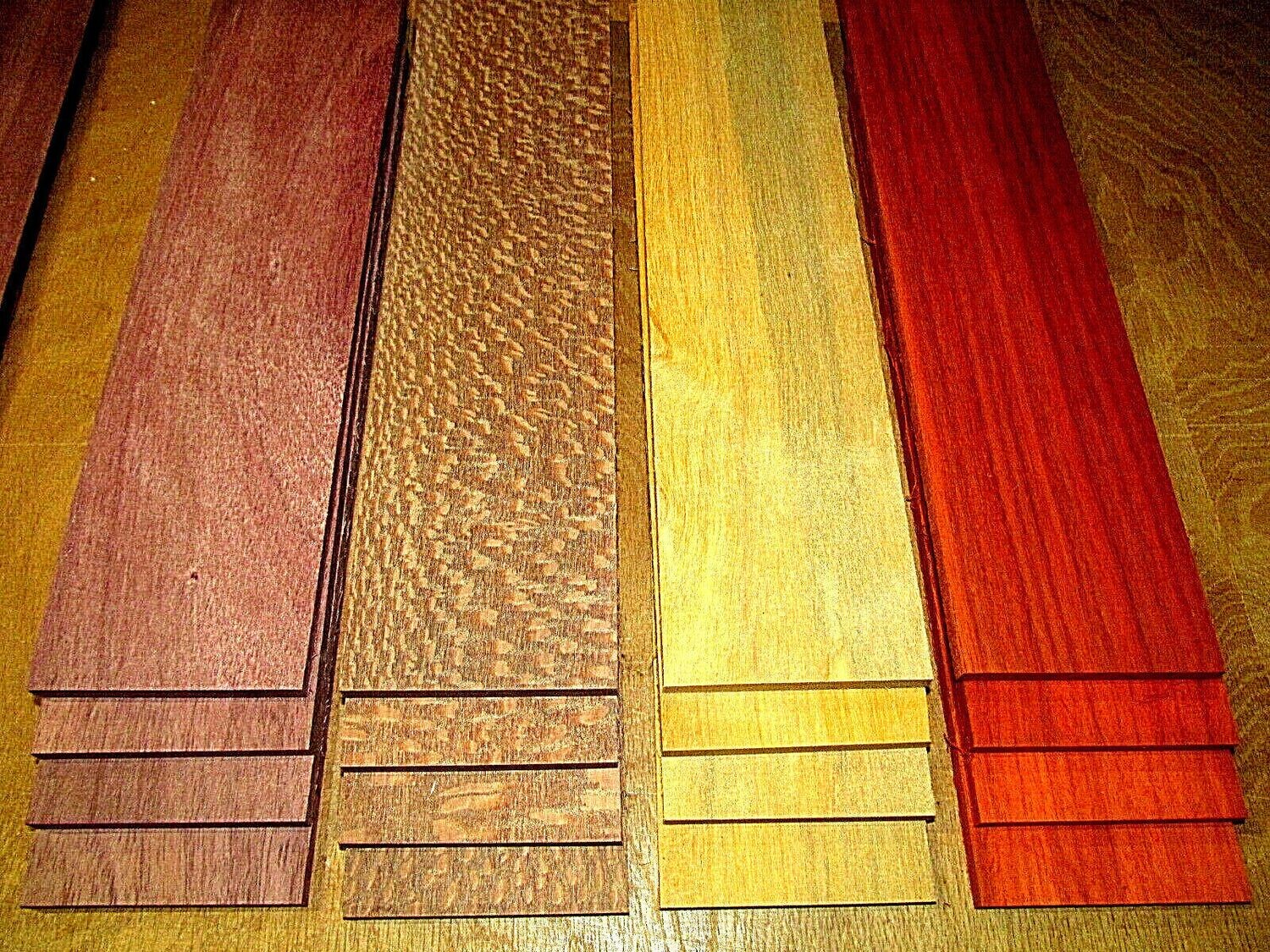 16 PIECES THIN PADAUK, LEOPARDWOOD, LEMONABALLI, &amp; PURPLEHEART 12&quot; X 3&quot; X 1/4&quot;