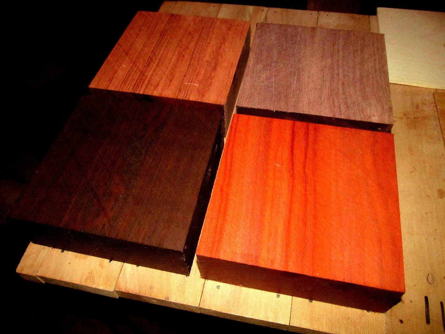 One Each Exotic Kiln Dried Wenge, Purpleheart, Padauk, Bubinga Platter Blanks 6 X 6 X 2&quot;