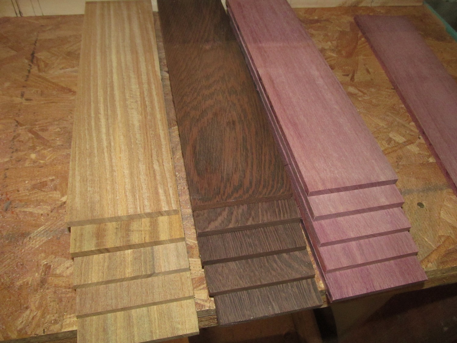Multipak 15 Kiln Dried Afrormosia, Wenge, Purpleheart Thins 12&quot; X 3&quot; X 1/8&quot;