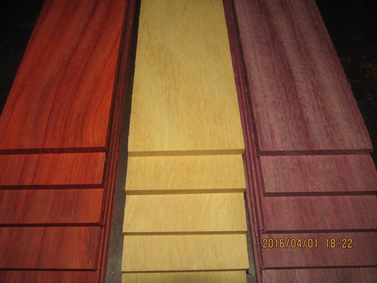 Multipak 15 KD Sanded Yellowheart, Purpleheart, Padauk Thins 24 X 3 X 1/4&quot;