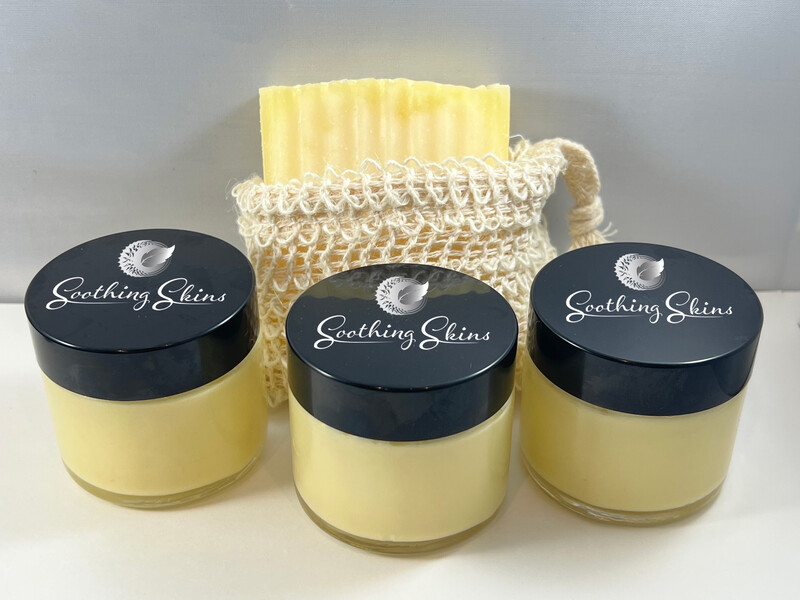 Soothing Body Butter Bundle (3 X 2oz Jars with 1 Soothing Soap Bar and 1 Mesh Soap Pouch)