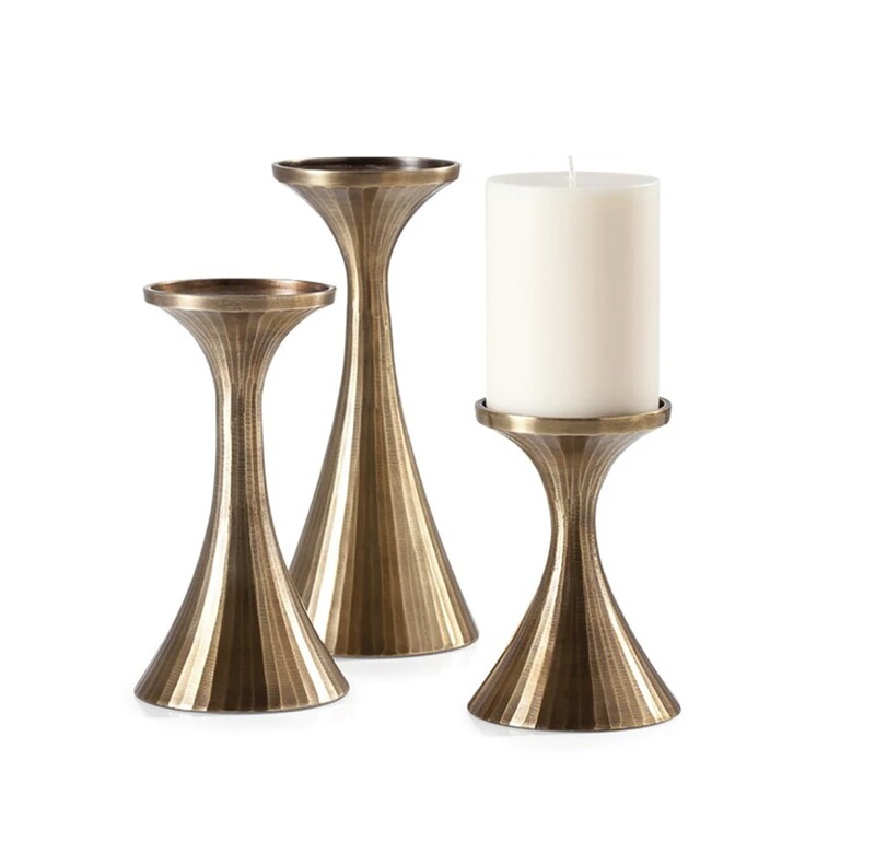 Antiqued Brass Ribbed Pillar Candle Holder