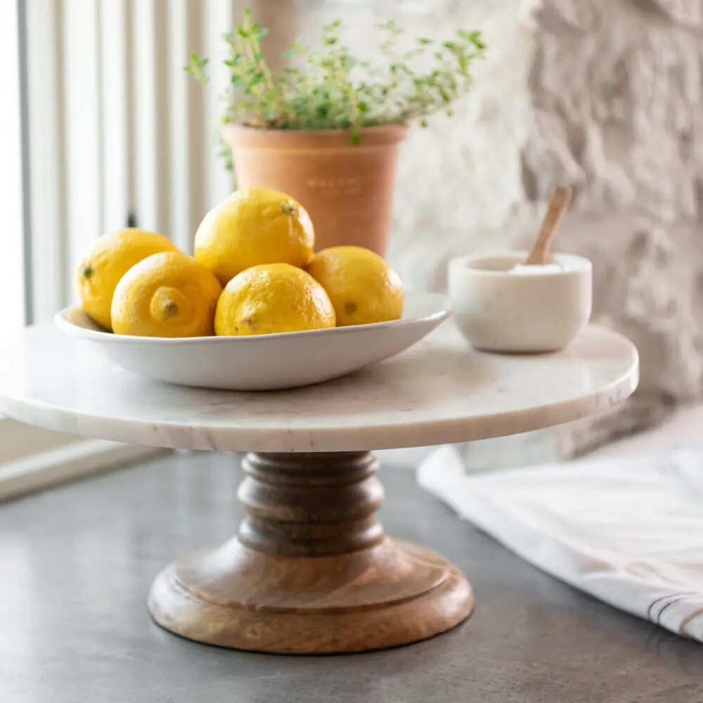 Marble platter with wood base