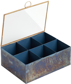 Indigo Blue Metal Tea Storage Box With Glass Lid