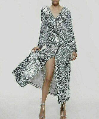 Zara dress sequins paillettes  gray silver satin buttons puff sleeve