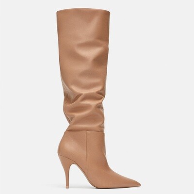Zara Leather slouchy tube pointed long boots modern