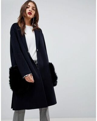 Mango handmade wool coat fur pockets navy blue black