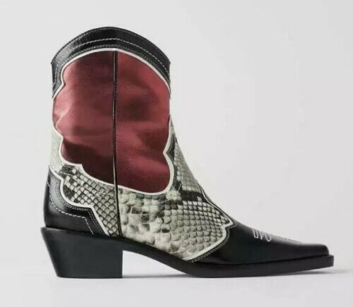 Zara Ankle Boots Leather cowboy Snake Red burgundy black