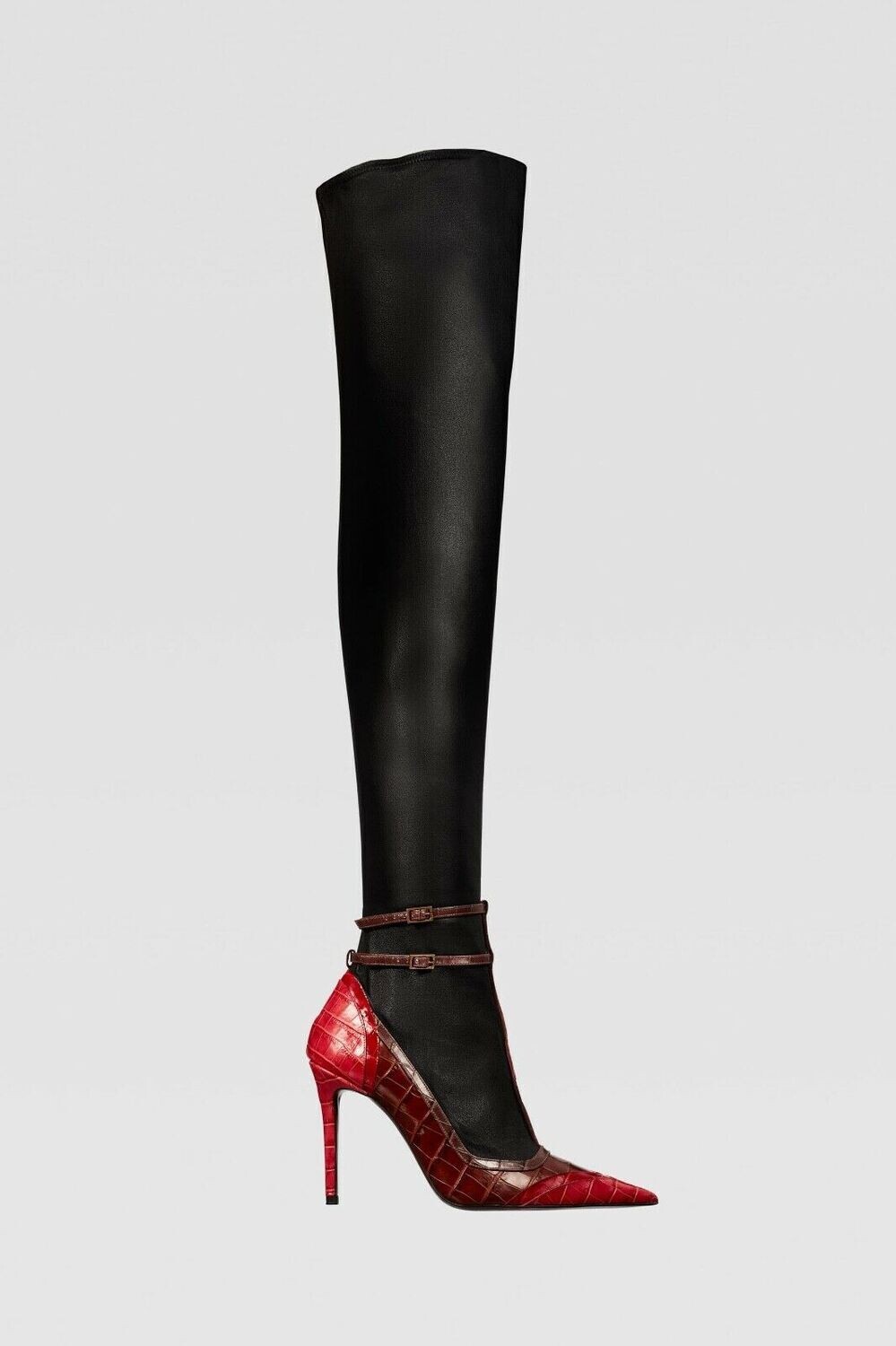 Zara 100% leather over knee boots red snake stiletto black contrast