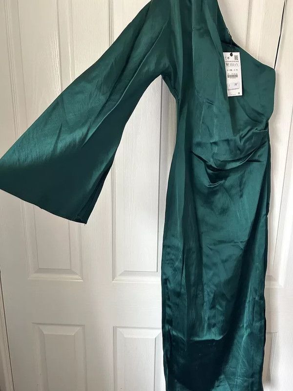 Zara Linen Satinee Vert Fonce one shoulder Dress midi split asymmetric NEW