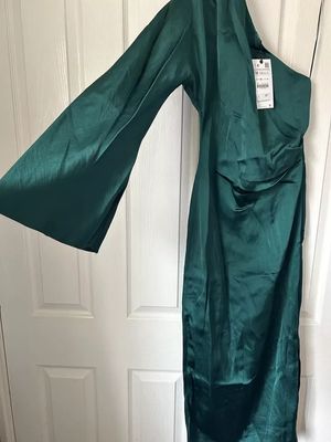 Zara Linen Satinee Vert Fonce one shoulder Dress midi split asymmetric NEW