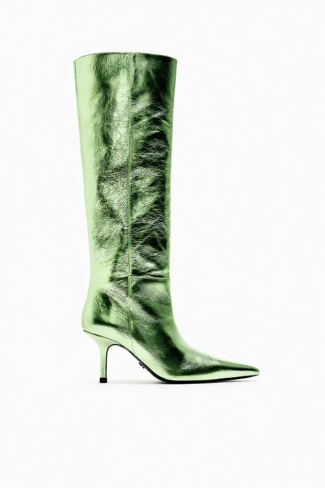 Zara Metallic Green Lime tube pull on boots 100% leather   heel pointed toe