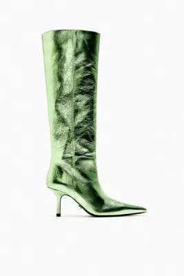 Zara Metallic Green Lime tube pull on boots 100% leather   heel pointed toe