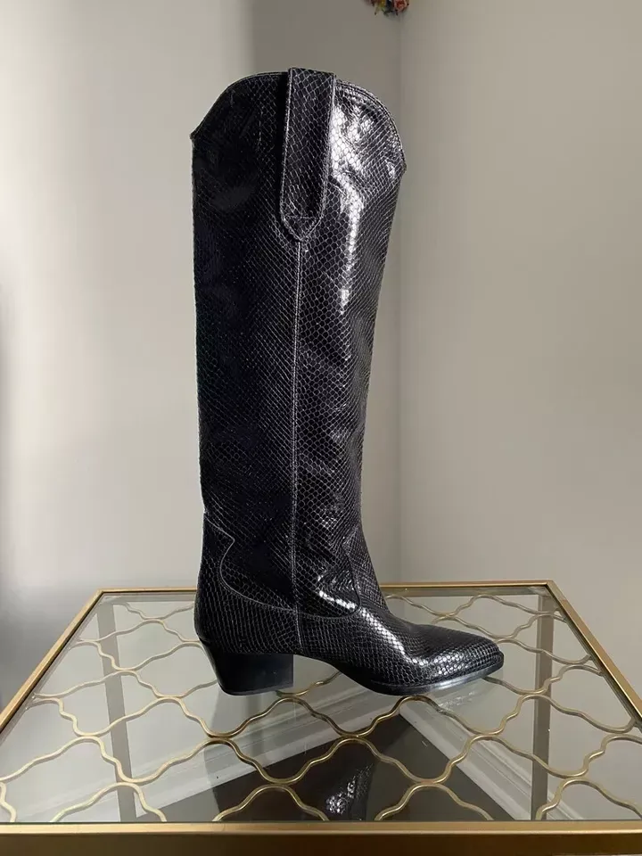 Zara Snake Boots Leather cowboy black knee high