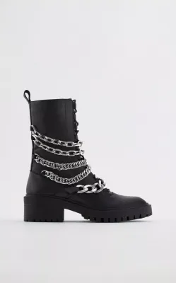 Zara leather boots studded biker black with chains