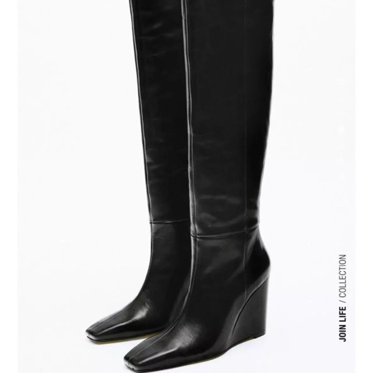 319$ rrp Zara Genuine Leather Boots Wedge Over The Knee Black ZARA Super High
