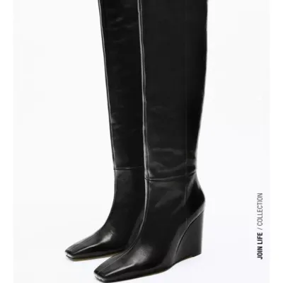 319$ rrp Zara Genuine Leather Boots Wedge Over The Knee Black ZARA Super High