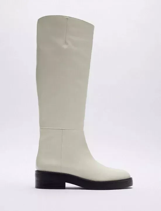 159$ rrp Limited Zara white leather flat track sole black ridding Boots amazing