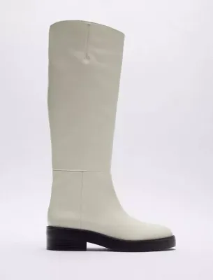 159$ rrp Limited Zara white leather flat track sole black ridding Boots amazing