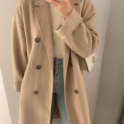 ​ $199 Zara new Double breasted wool blend coat beige light Camel / white cream stripes
