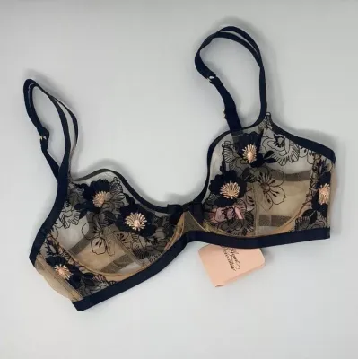 $190 Agent Provocateur nude beige Floral Embroidery Bra Black/Peach