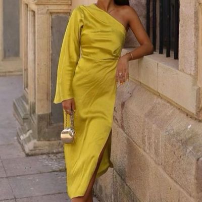 Zara lime-GREEN medium one shoulder Midi dress with an asymmetric neckline and long flared sleeve