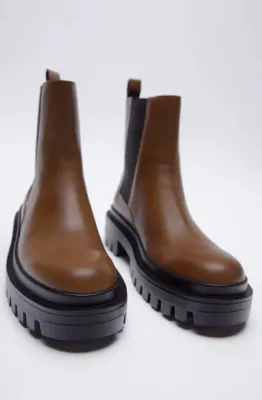 £129 Brand new Zara  track sole ankle boots elastic chunky 100% leather brown